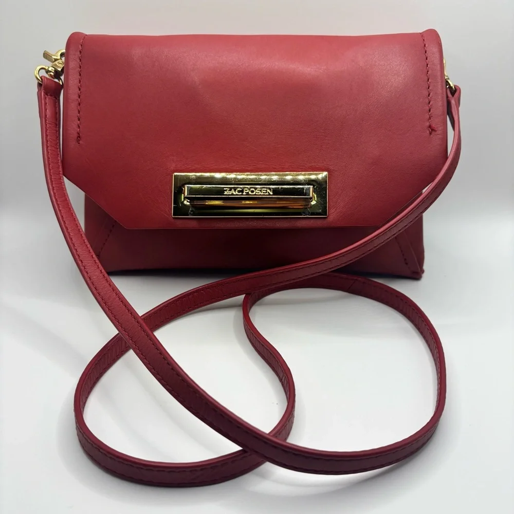 ZAC Zac Posen Red Leather Crossbody Clutch Gold Lock Earthette Style Bag